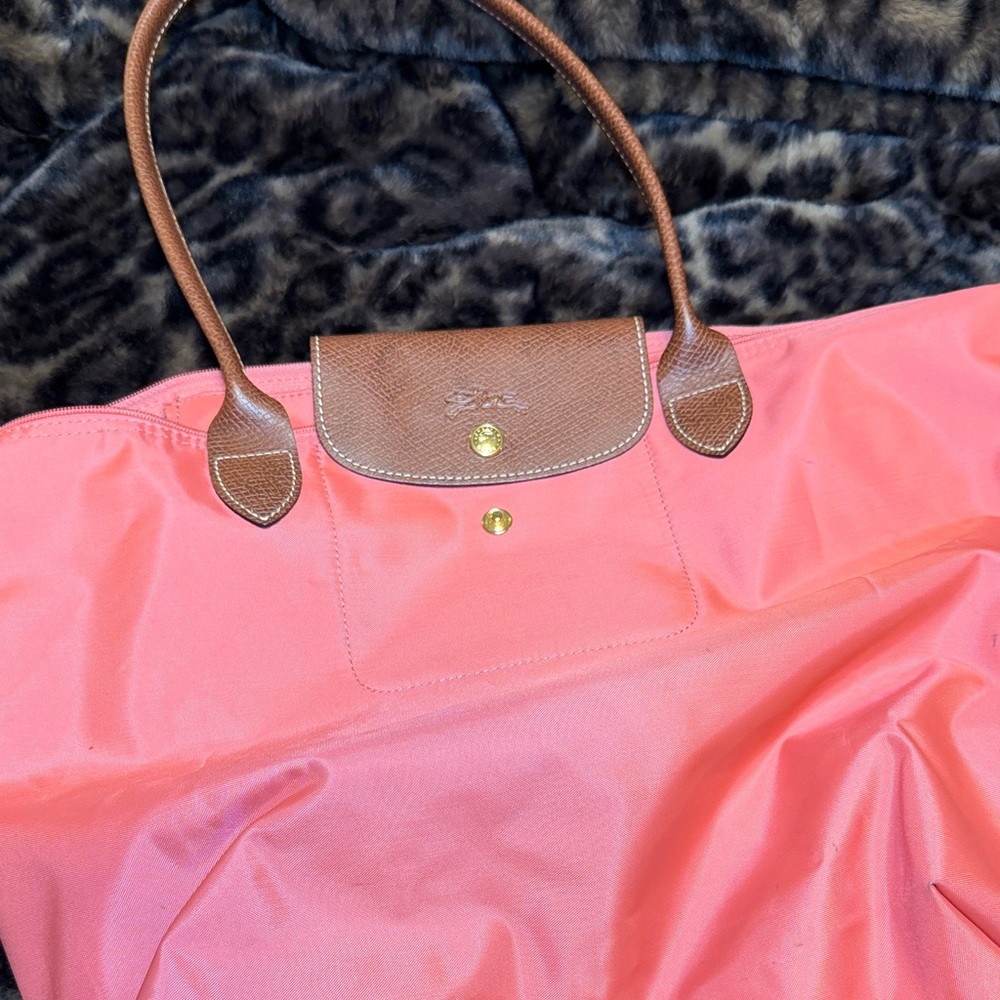 Longchamp Le Pilage Salmon Pink Tote with Brown Leather Accents